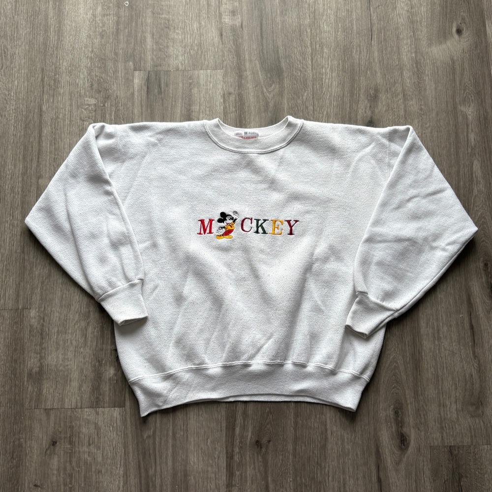 Vintage Mickey Mouse Sweatshirt White Crewneck Hanes Premium Weight Embroidered